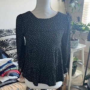 Monteau of Los Angeles 
Black Polka Dot Long-Sleeve Peplum Blouse